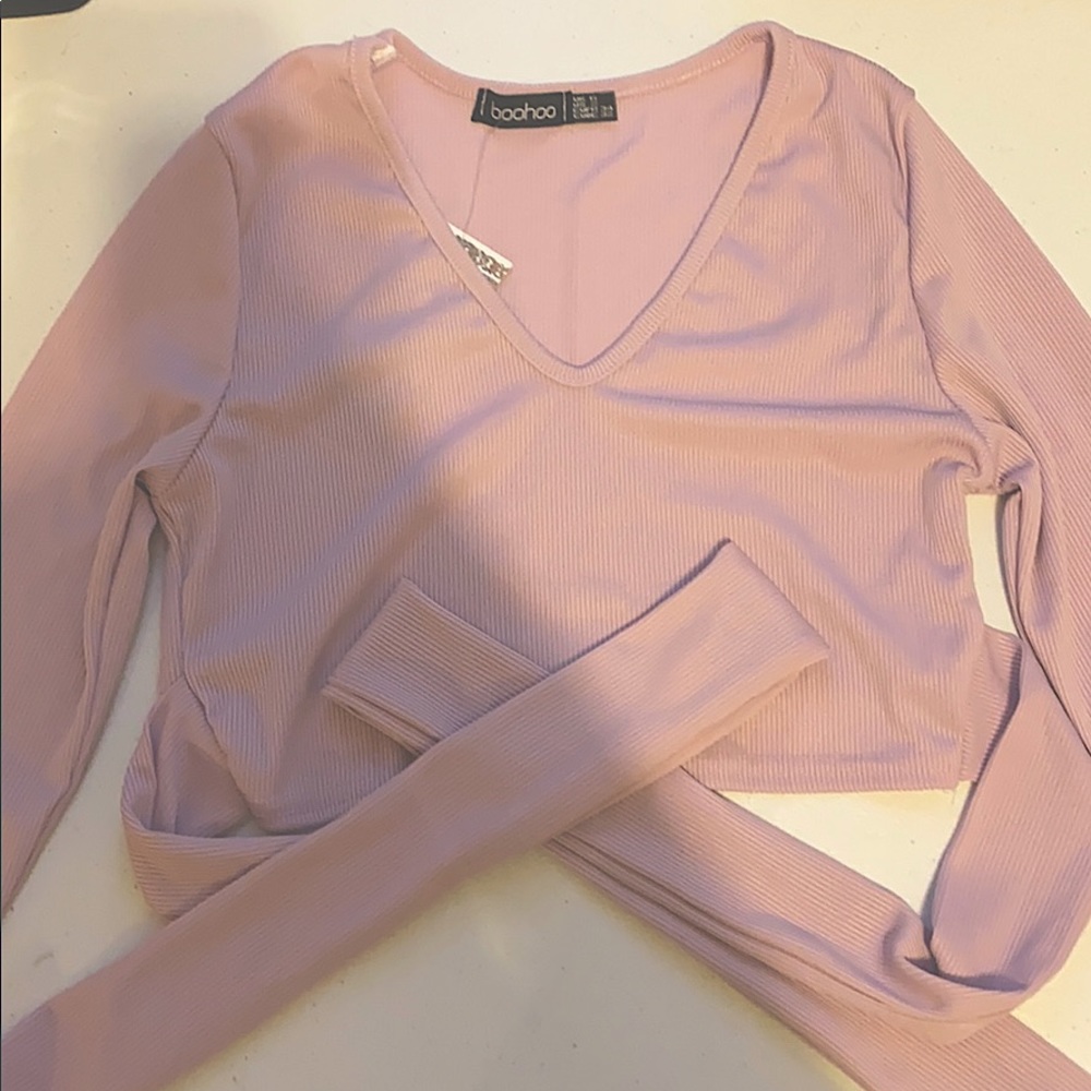 Petite Long Sleeve Tie Back Rib Top